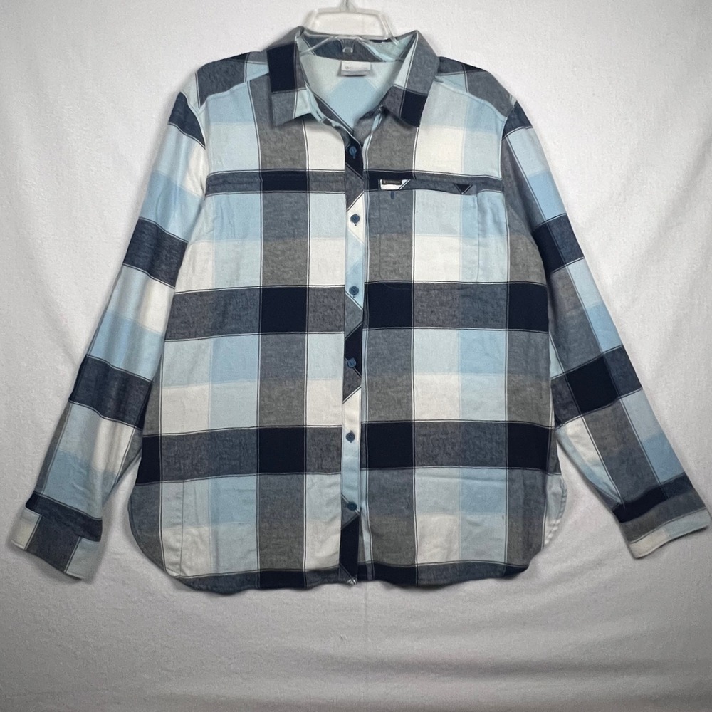 Columbia Womens XL Plaid Button Down Long Sleeve Shirt Top Blue Gray White‎